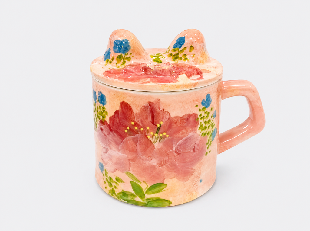 Hand-painted Orange Ceramic Mug with Lid Cute Cat Ear Underglaze Coffee Cup