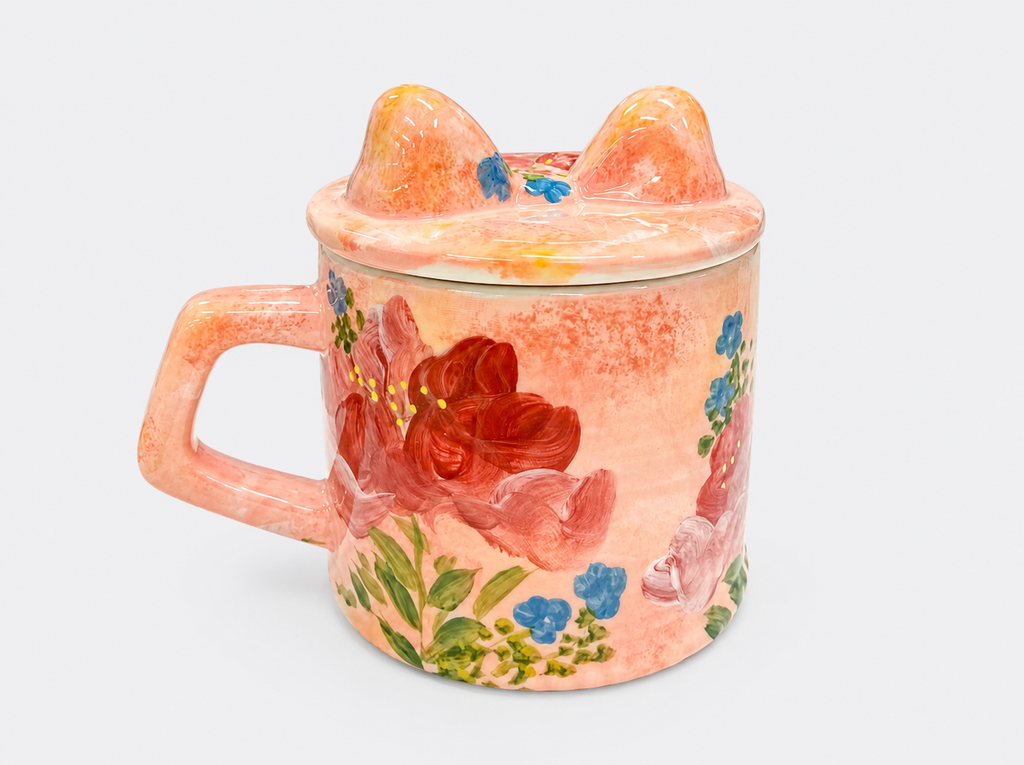 Hand-painted Orange Ceramic Mug with Lid Cute Cat Ear Underglaze Coffee Cup