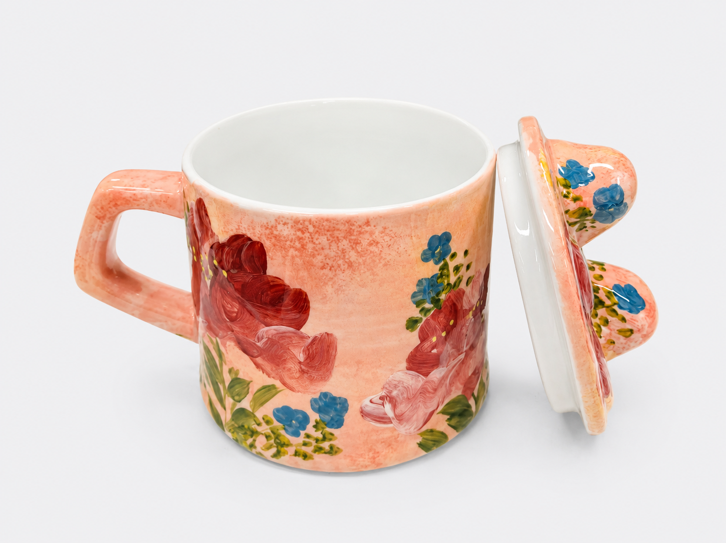 Hand-painted Orange Ceramic Mug with Lid Cute Cat Ear Underglaze Coffee Cup