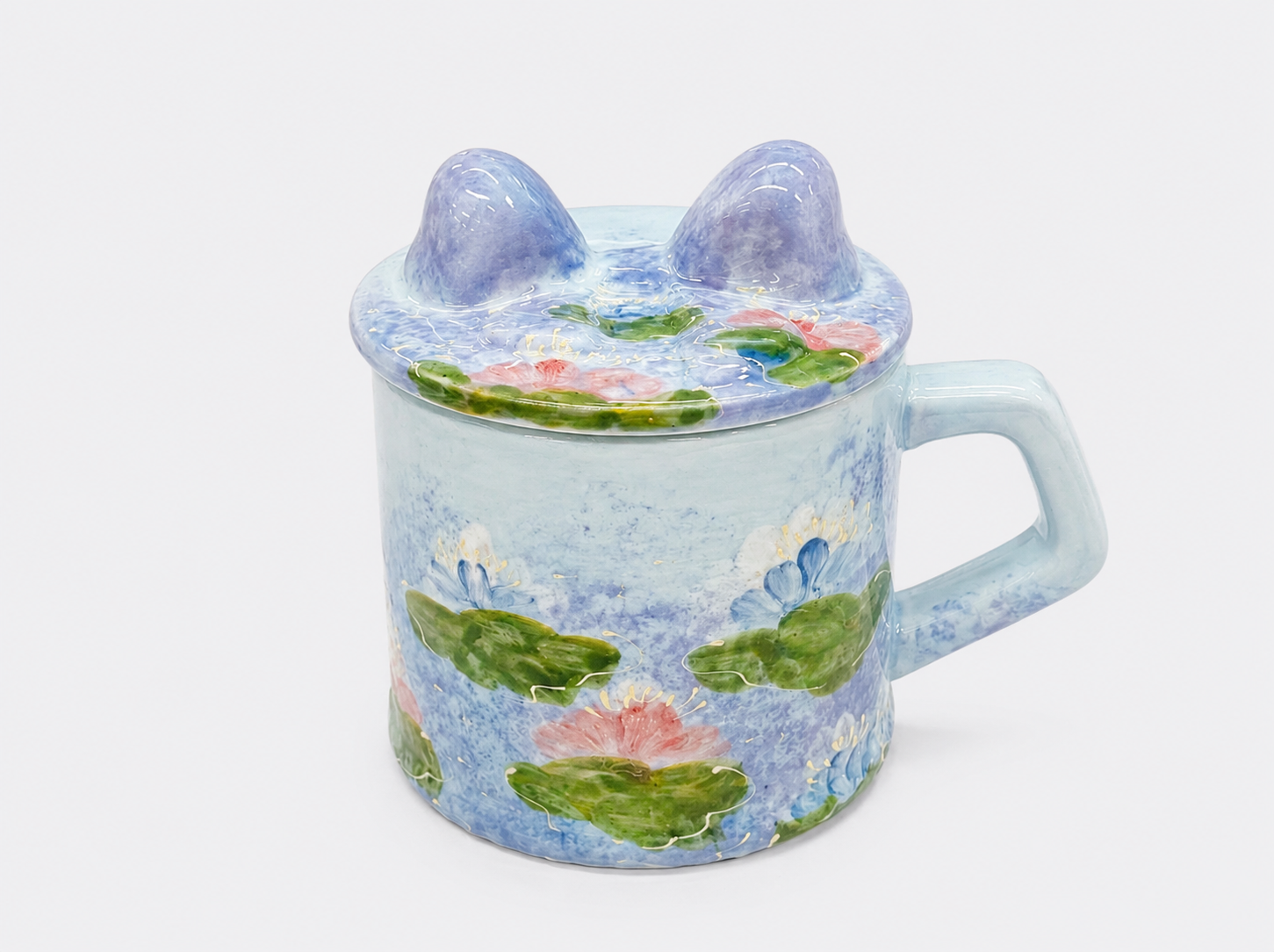 Quirky Hand-painted Blue Mug Underglaze Floral Ceramic Cup with Sculpted Lid