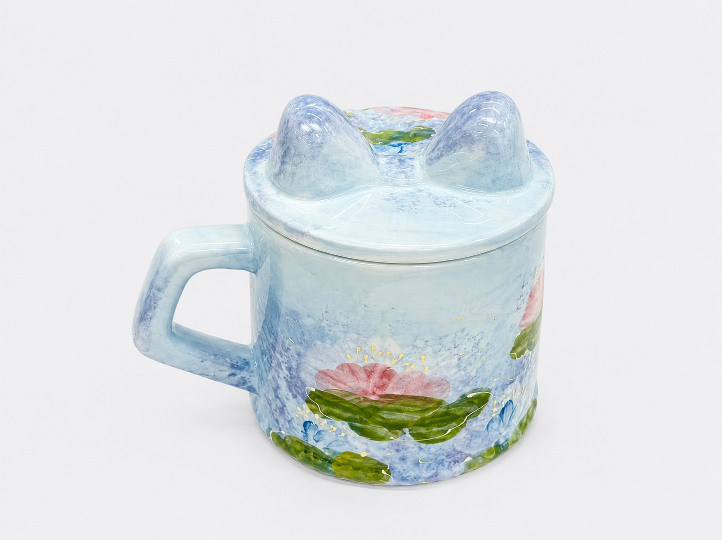 Quirky Hand-painted Blue Mug Underglaze Floral Ceramic Cup with Sculpted Lid