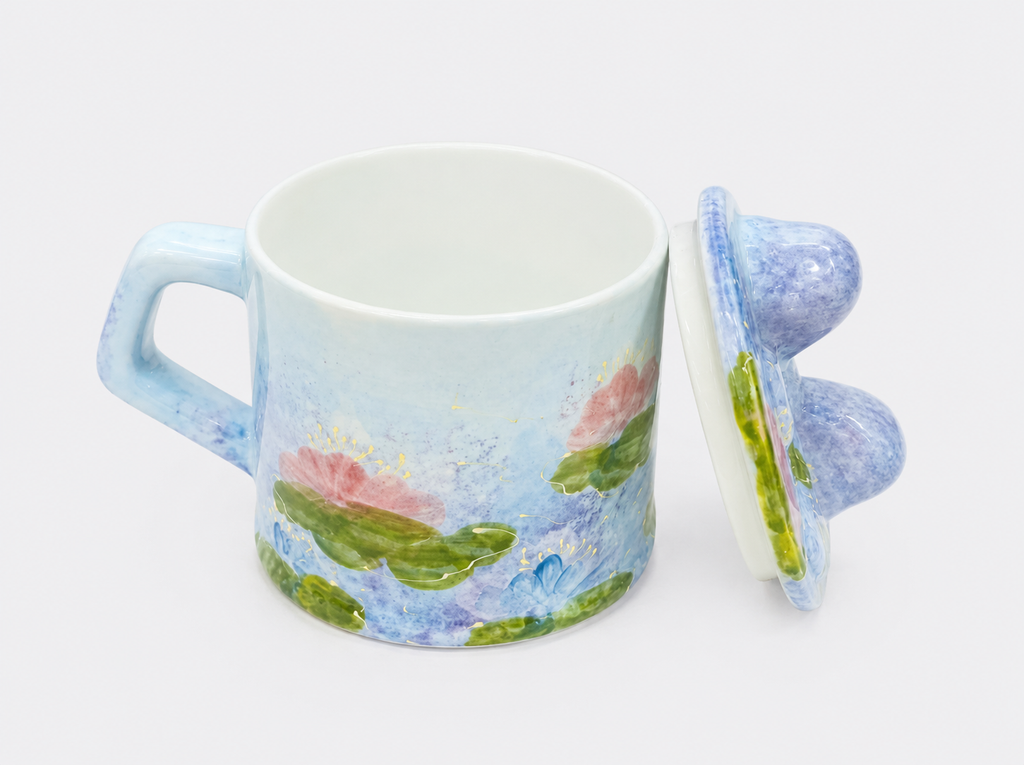 Quirky Hand-painted Blue Mug Underglaze Floral Ceramic Cup with Sculpted Lid