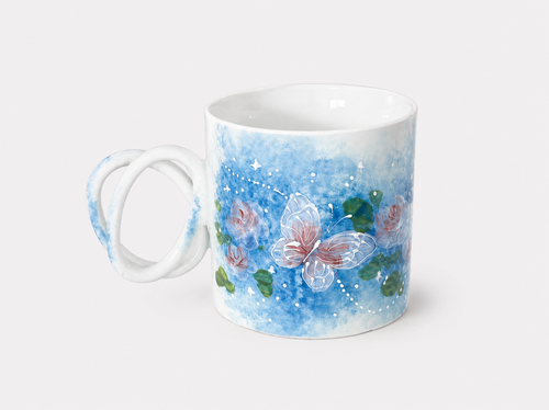 Hand-Painted Blue Floral Ceramic Mug – 450ml Unique Coffee Cup Gift with Double Loop Handle