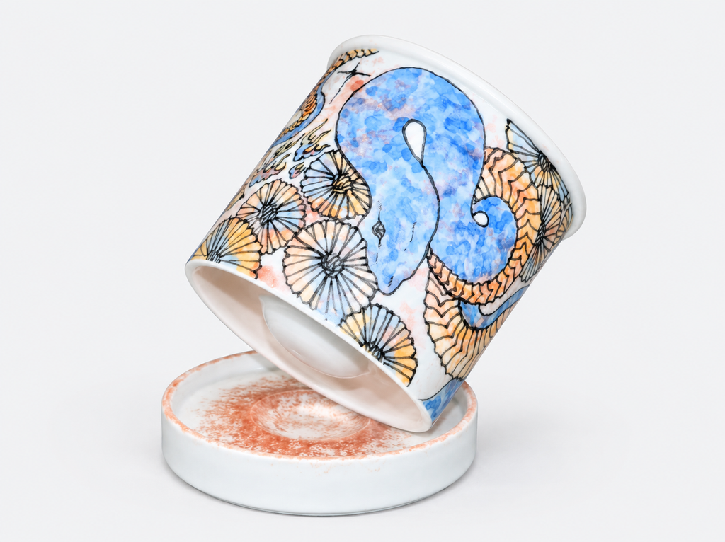 The Owl’s Masquerade Hand-Painted Ceramic Cup with Stand – Limited Artist Edition