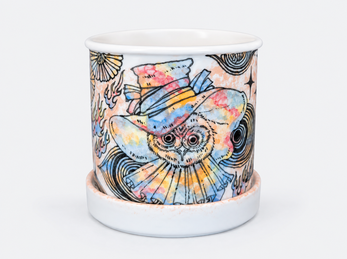The Owl’s Masquerade Hand-Painted Ceramic Cup with Stand – Limited Artist Edition