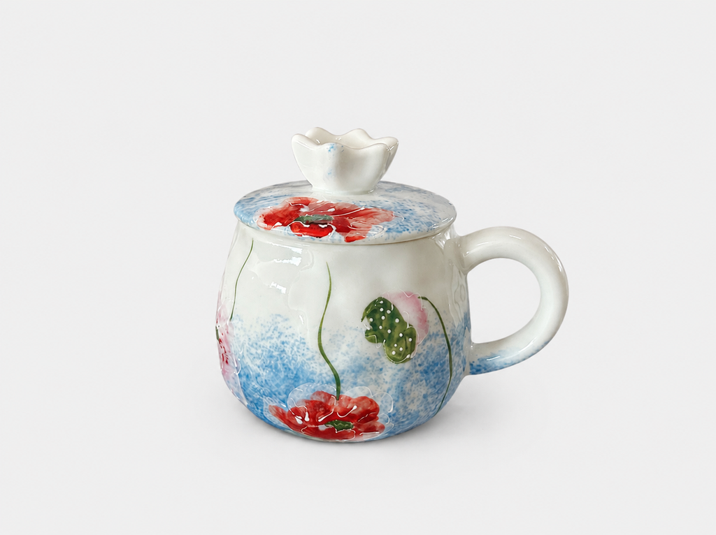 Hand-Painted Floral Ceramic Mug with Lid – 300ml Underglaze Coffee & Tea Cup