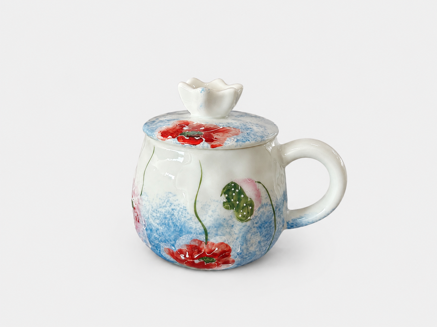 Hand-Painted Floral Ceramic Mug with Lid – 300ml Underglaze Coffee & Tea Cup