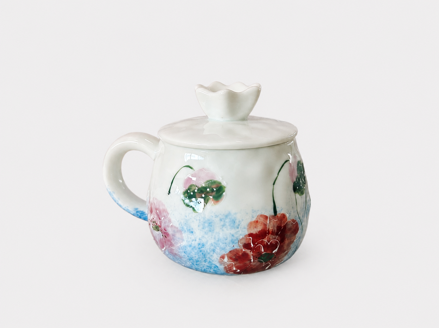 Hand-Painted Floral Ceramic Mug with Lid – 300ml Underglaze Coffee & Tea Cup