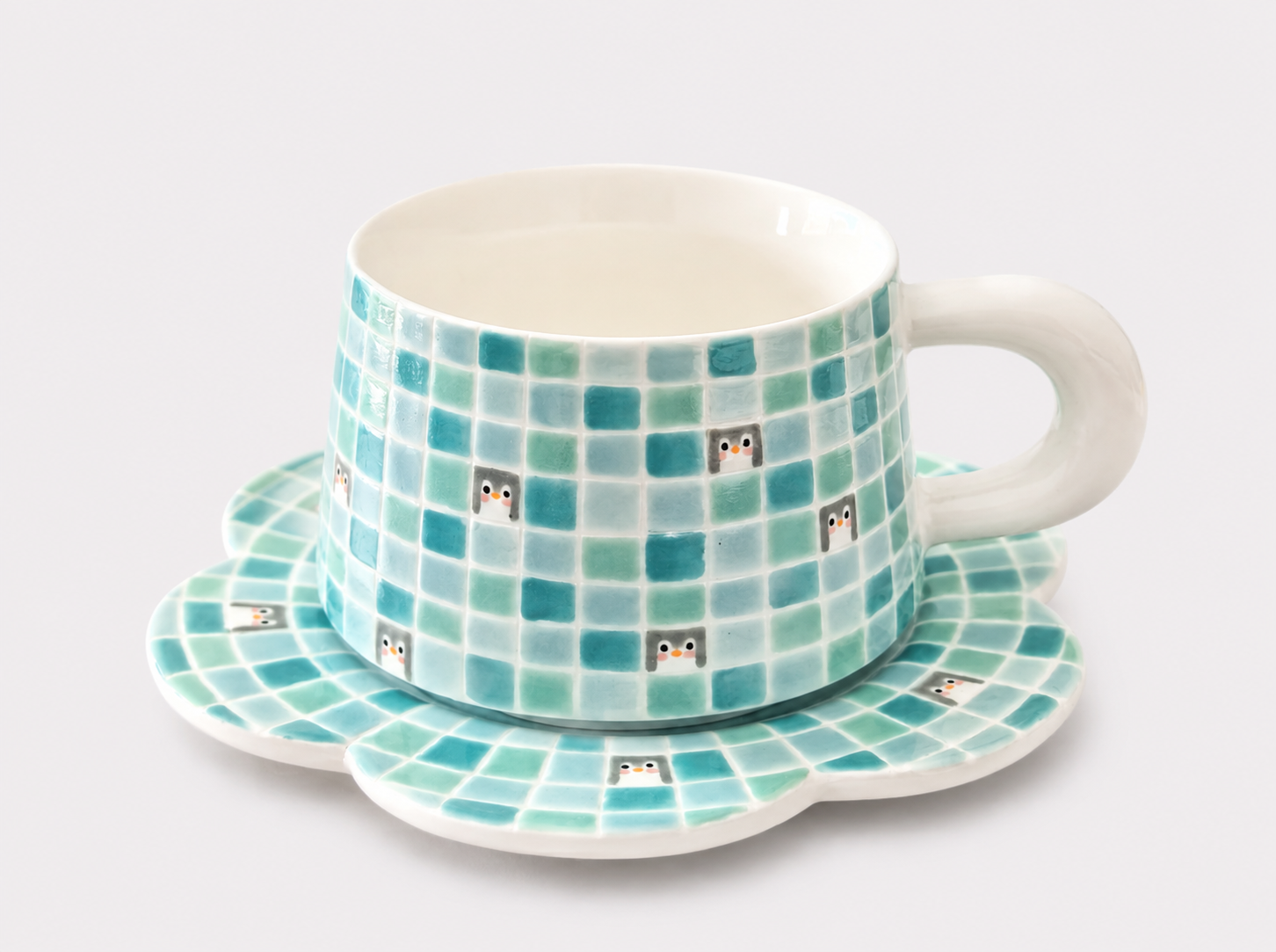 Artist Collection Aqua Mosaic Penguin Mug & Petal Saucer Set – 400ml