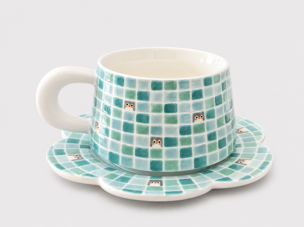 Artist Collection Aqua Mosaic Penguin Mug & Petal Saucer Set – 400ml