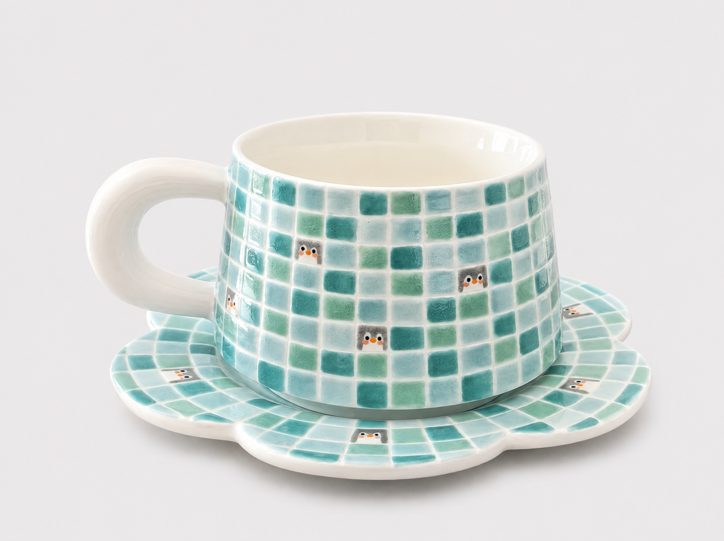 Artist Collection Aqua Mosaic Penguin Mug & Petal Saucer Set – 400ml