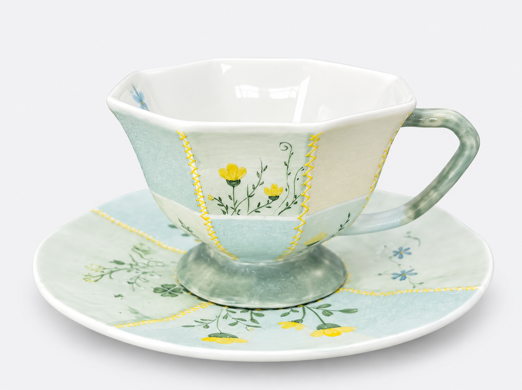 Hand-Painted Mineral Art Floral Ceramic Cup & Saucer Set – Textured Patchwork Design