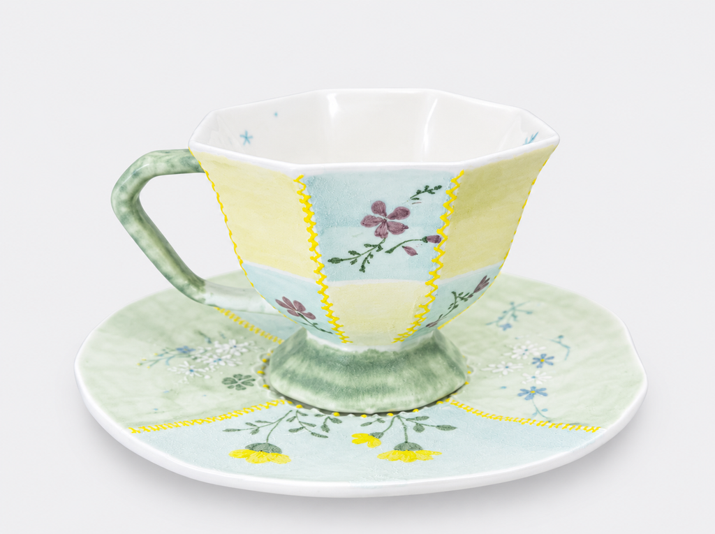 Hand-Painted Mineral Art Floral Ceramic Cup & Saucer Set – Textured Patchwork Design