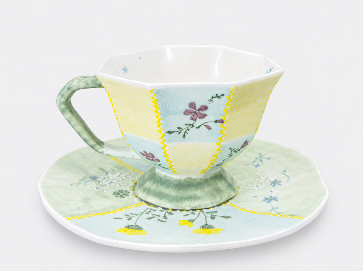 Hand-Painted Mineral Art Floral Ceramic Cup & Saucer Set – Textured Patchwork Design