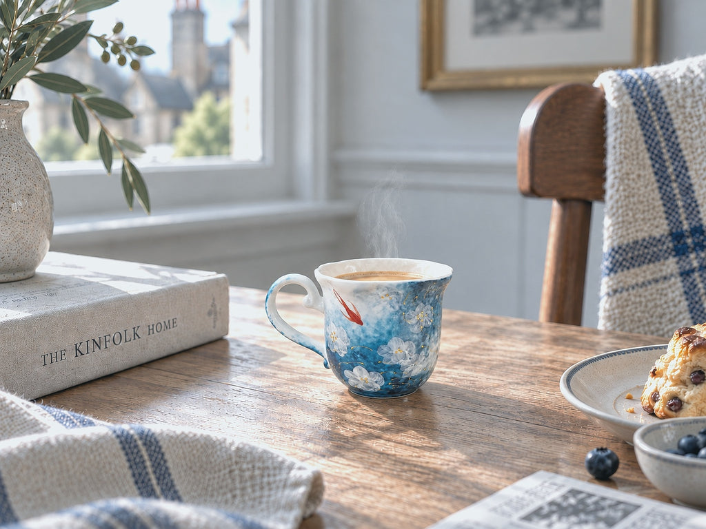Tasse en céramique peinte à la main, motif lilas – Tasse à café artisanale avec base sur pied
