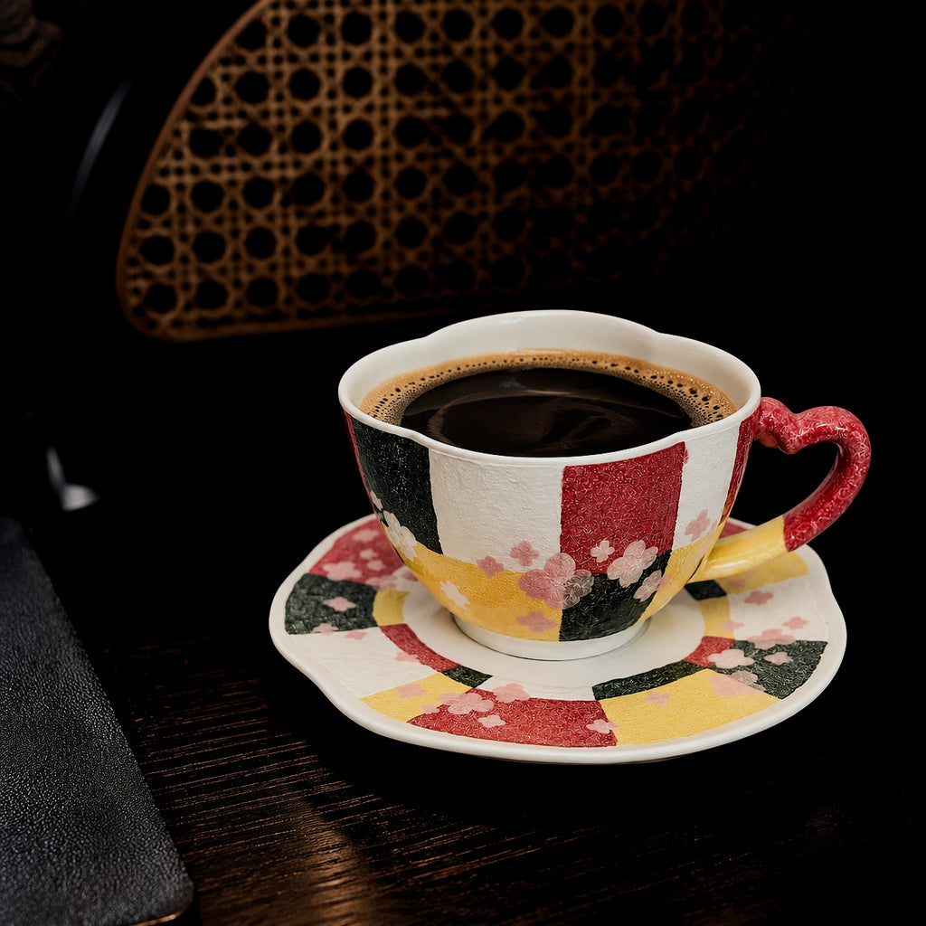 Handbemalte Keramiktasse mit Fliederdesign – Artisan Kaffeetasse mit Fuß