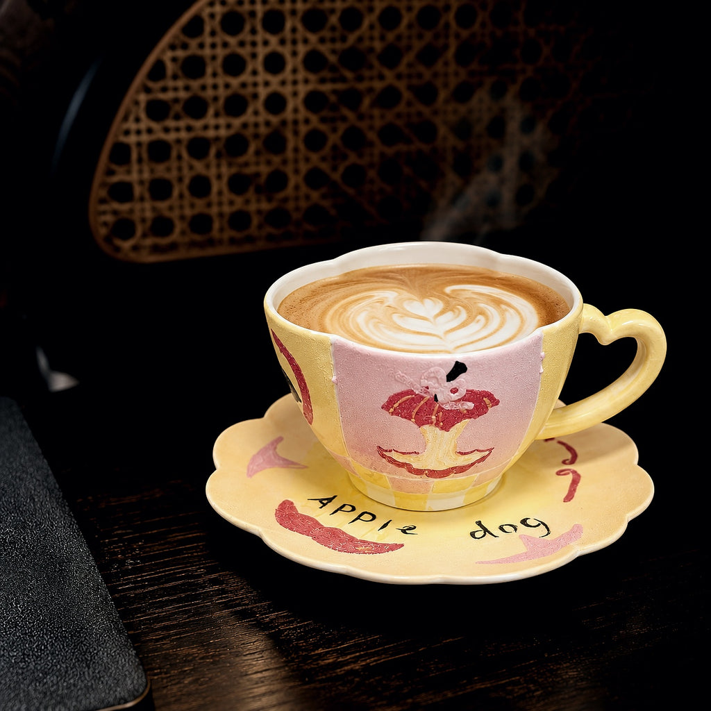 Apple Dog Illustrated Handmade Mineral Ceramic Cup & Saucer