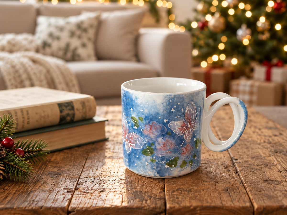 Blue Butterfly Garden Handmade Ceramic Mug
