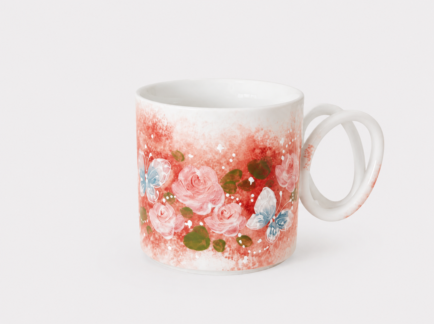 Hand-Painted Pink Floral Ceramic Mug – Artisan Coffee Cup with Double Loop Handle