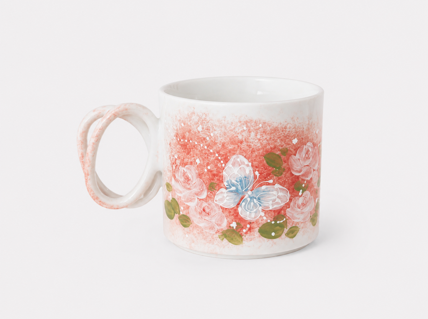 Hand-Painted Pink Floral Ceramic Mug – Artisan Coffee Cup with Double Loop Handle