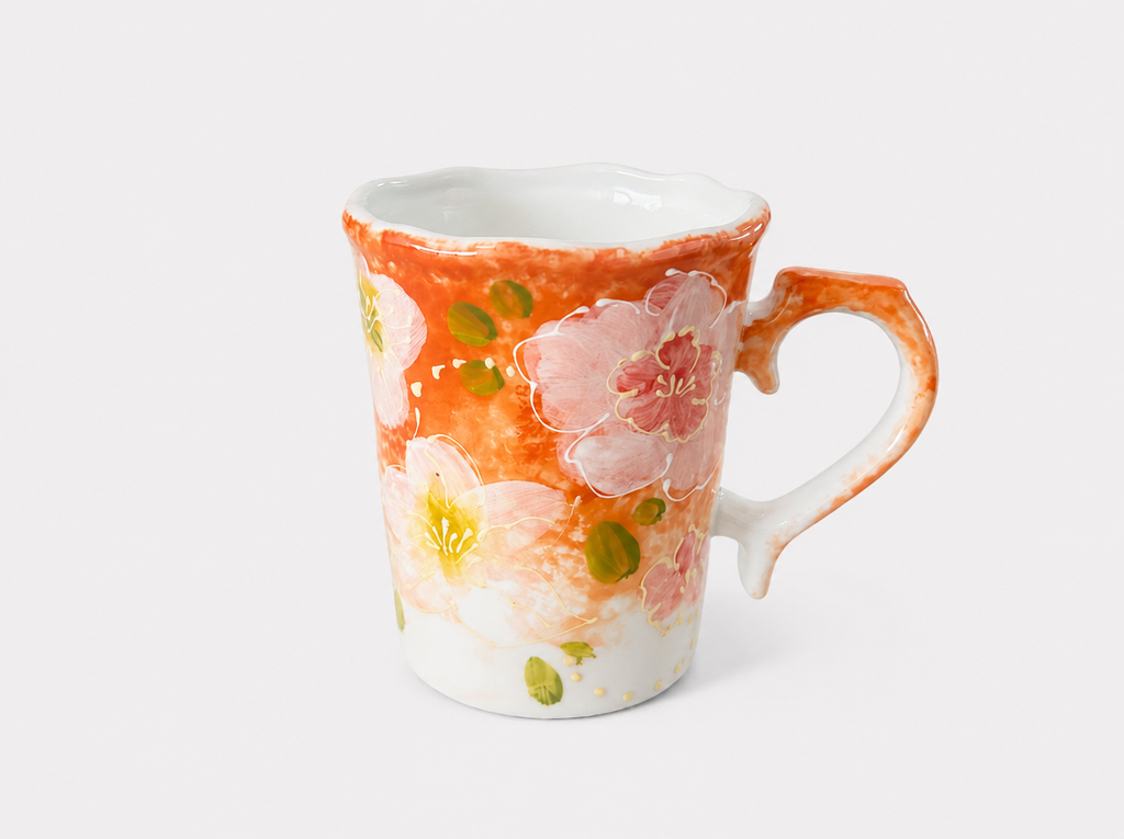 Hand-Painted Cherry Blossom Ceramic Mug –  Artisan Coffee Cup with Sculptural Handle