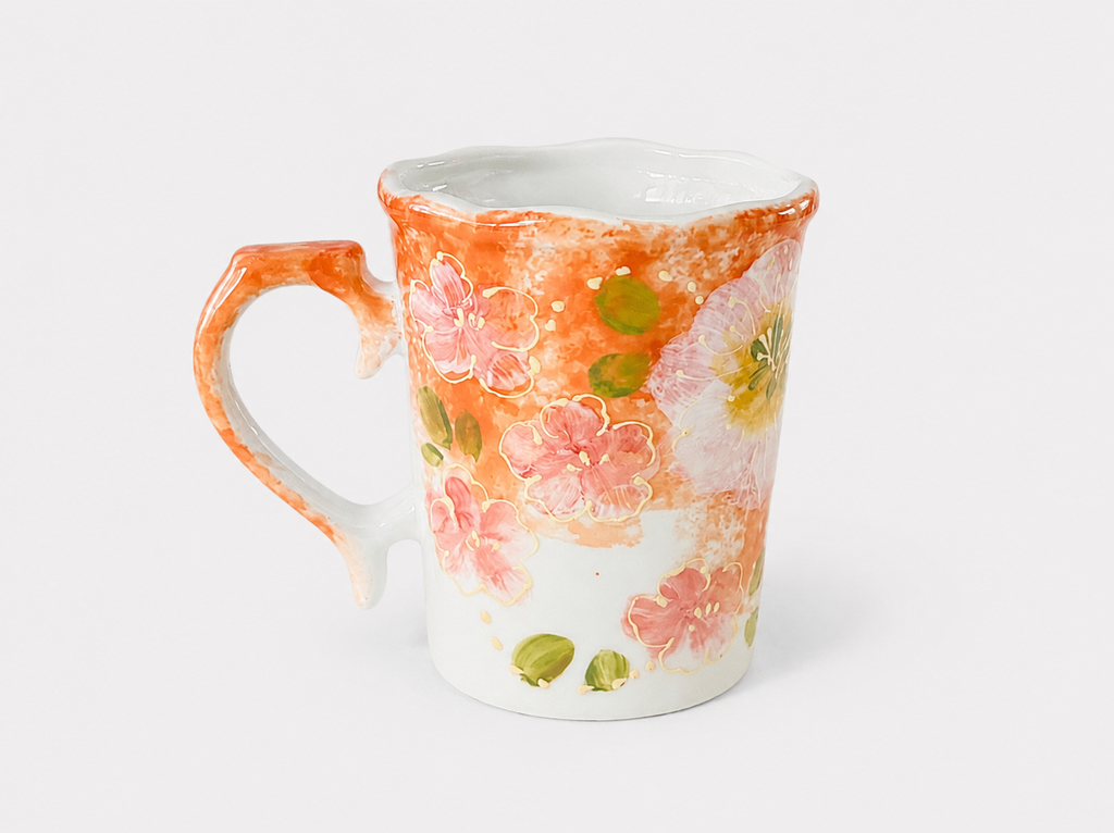 Hand-Painted Cherry Blossom Ceramic Mug –  Artisan Coffee Cup with Sculptural Handle
