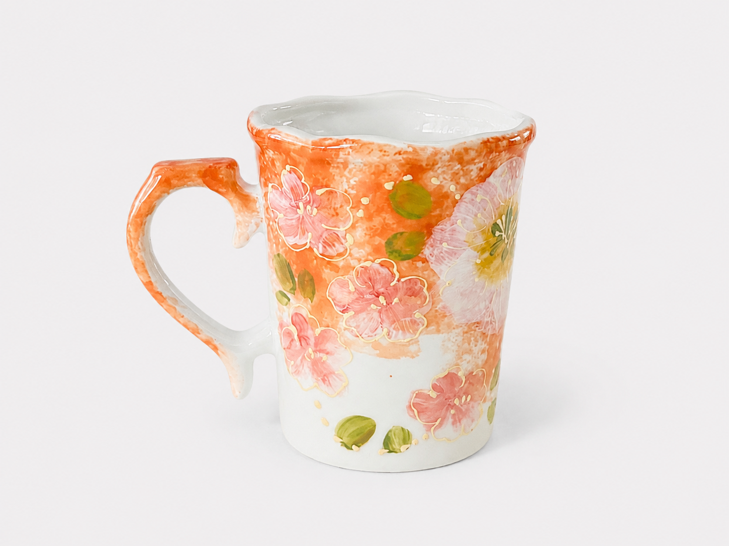 Hand-Painted Cherry Blossom Ceramic Mug –  Artisan Coffee Cup with Sculptural Handle