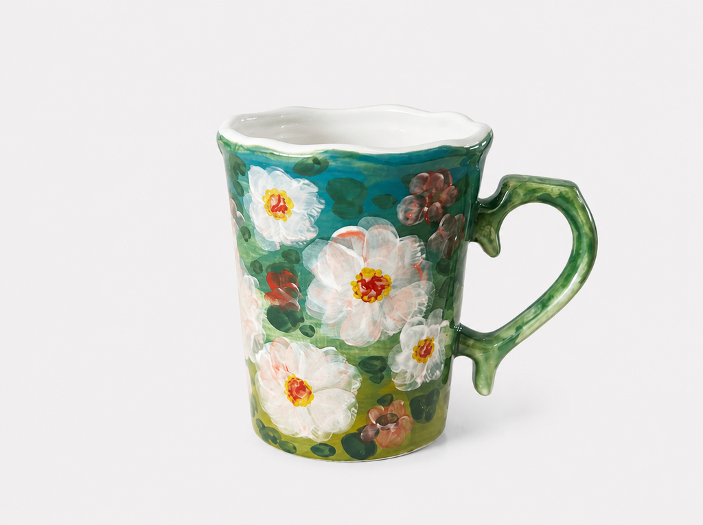 Hand-Painted Green Botanical Ceramic Mug – 500ml Artisan Coffee Cup with Sculptural Handle