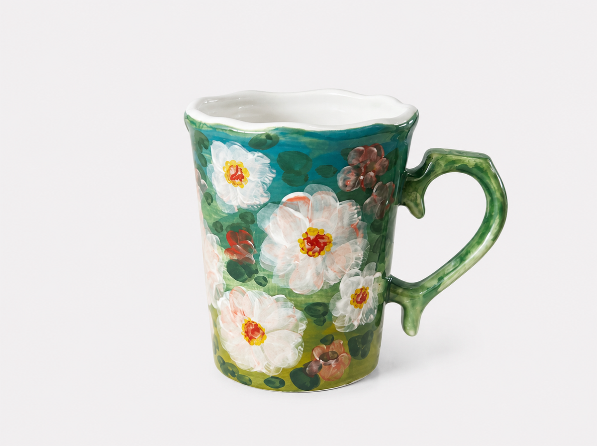 Hand-Painted Green Botanical Ceramic Mug – 500ml Artisan Coffee Cup with Sculptural Handle