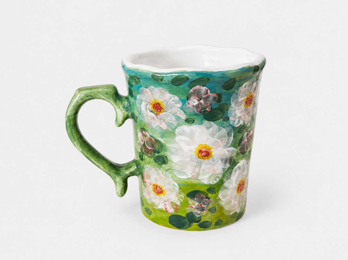 Hand-Painted Green Botanical Ceramic Mug – 500ml Artisan Coffee Cup with Sculptural Handle