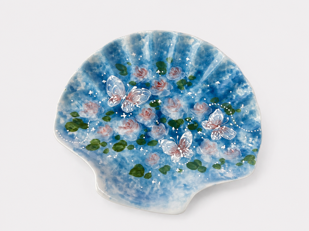 Hand-Painted Blue Rose Ceramic Tray – Artisan Decorative Shell Plate with Butterfly Design