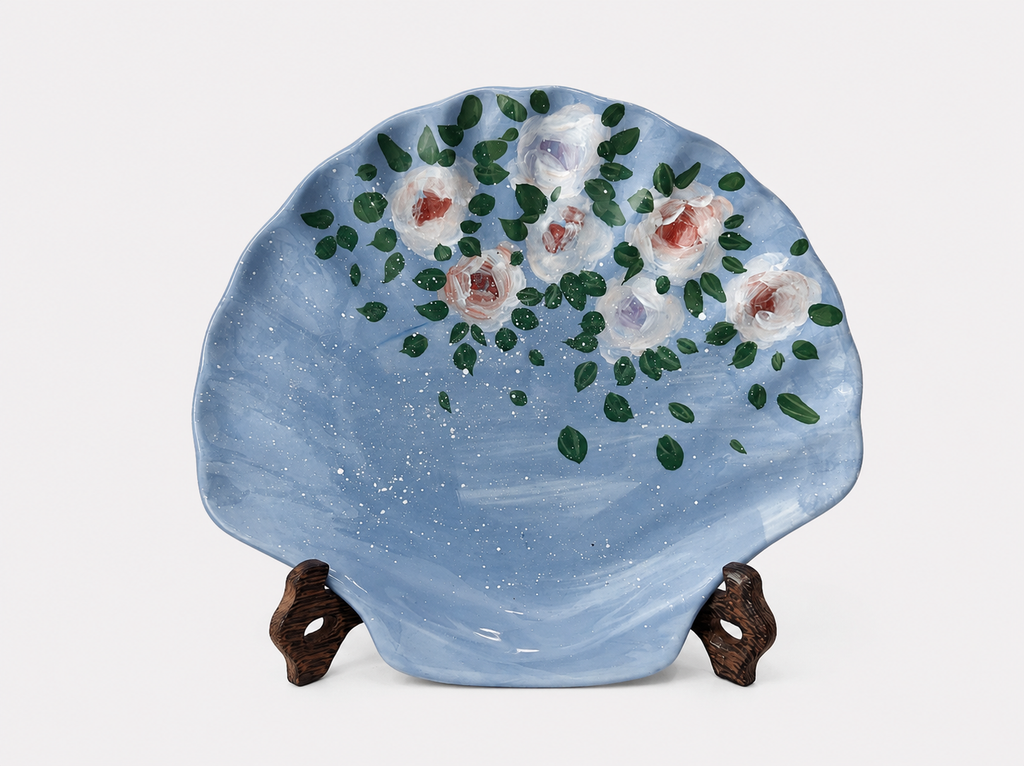 Hand-Painted Blue Rose Shell Ceramic Plate – Organic Shape Serving Dish