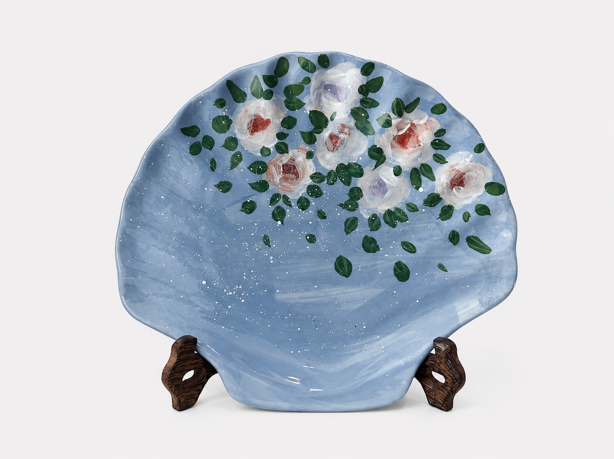 Hand-Painted Blue Rose Shell Ceramic Plate – Organic Shape Serving Dish