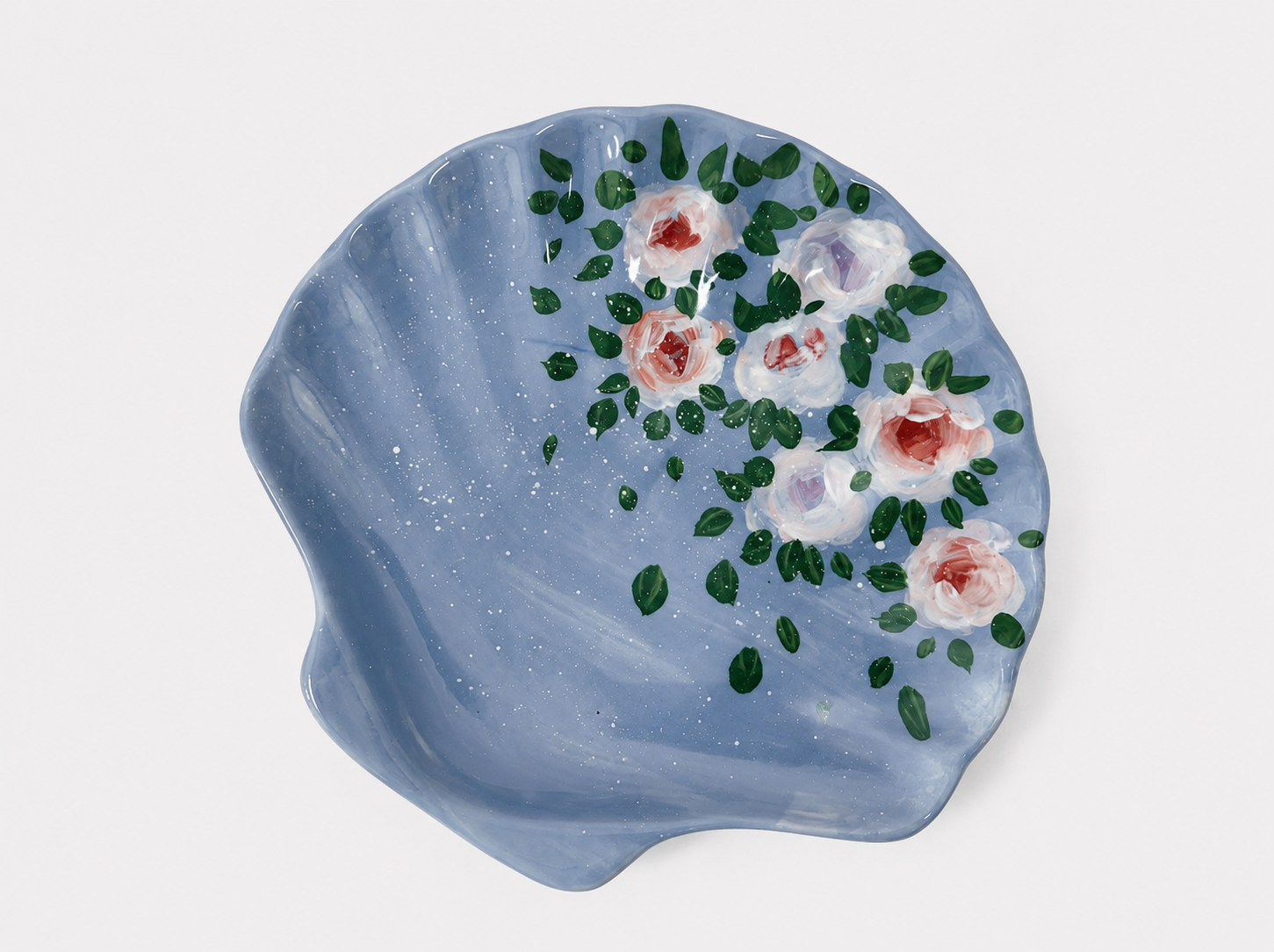 Hand-Painted Blue Rose Shell Ceramic Plate – Organic Shape Serving Dish