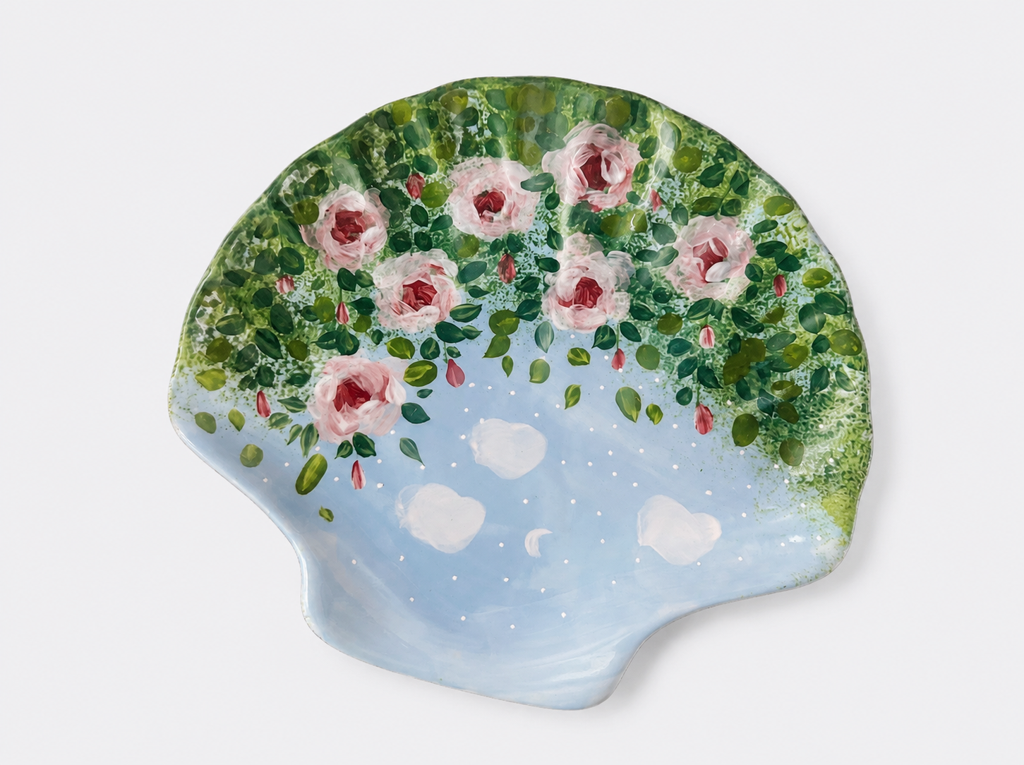 Hand-Painted Rose Garden Shell Ceramic Plate – Organic Shape Serving Dish