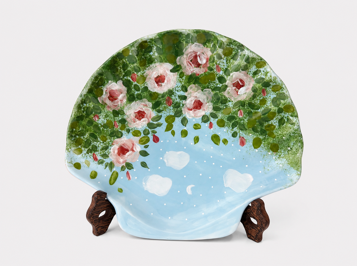 Hand-Painted Rose Garden Shell Ceramic Plate – Organic Shape Serving Dish