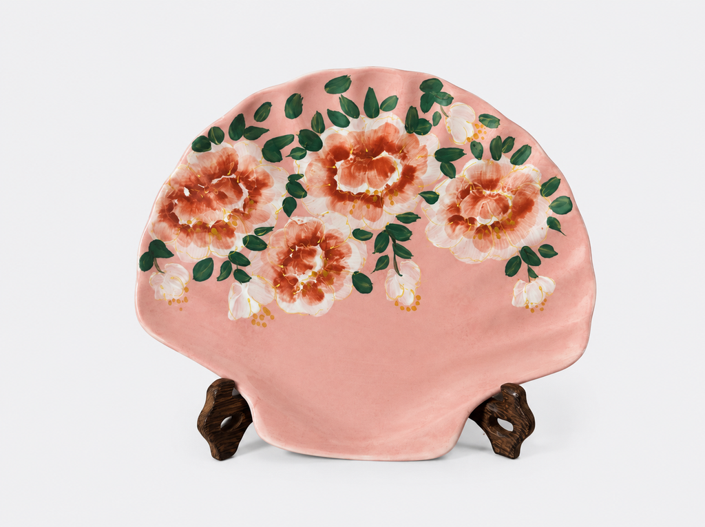 Hand-Painted Blue Butterfly Rose Shell Ceramic Plate – Organic Shell Shape Serving Dish