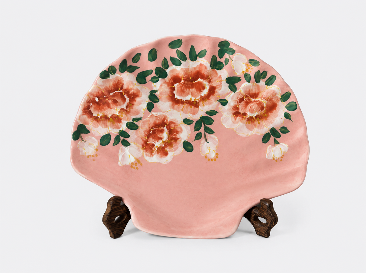 Hand-Painted Blue Butterfly Rose Shell Ceramic Plate – Organic Shell Shape Serving Dish