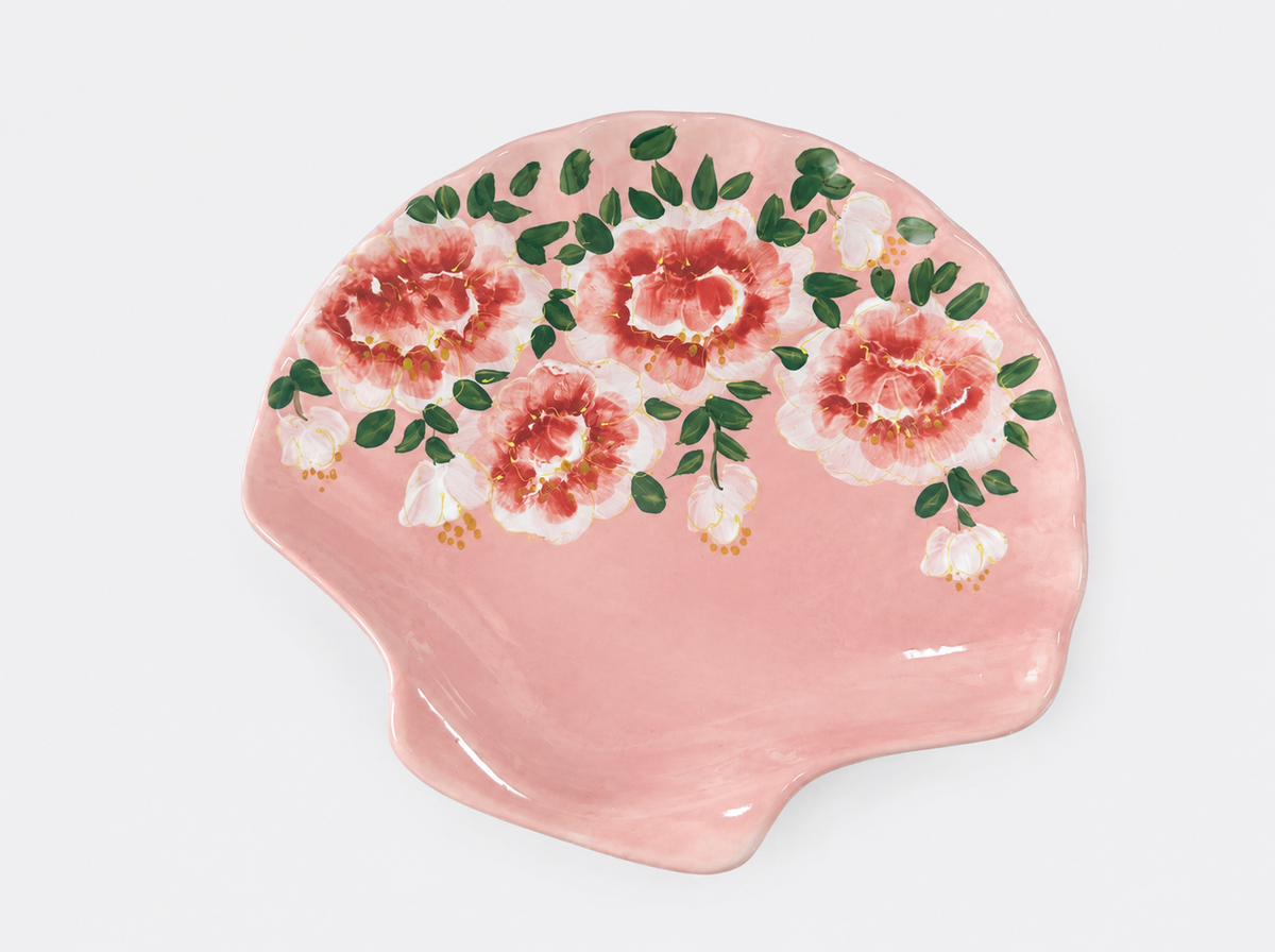 Hand-Painted Blue Butterfly Rose Shell Ceramic Plate – Organic Shell Shape Serving Dish