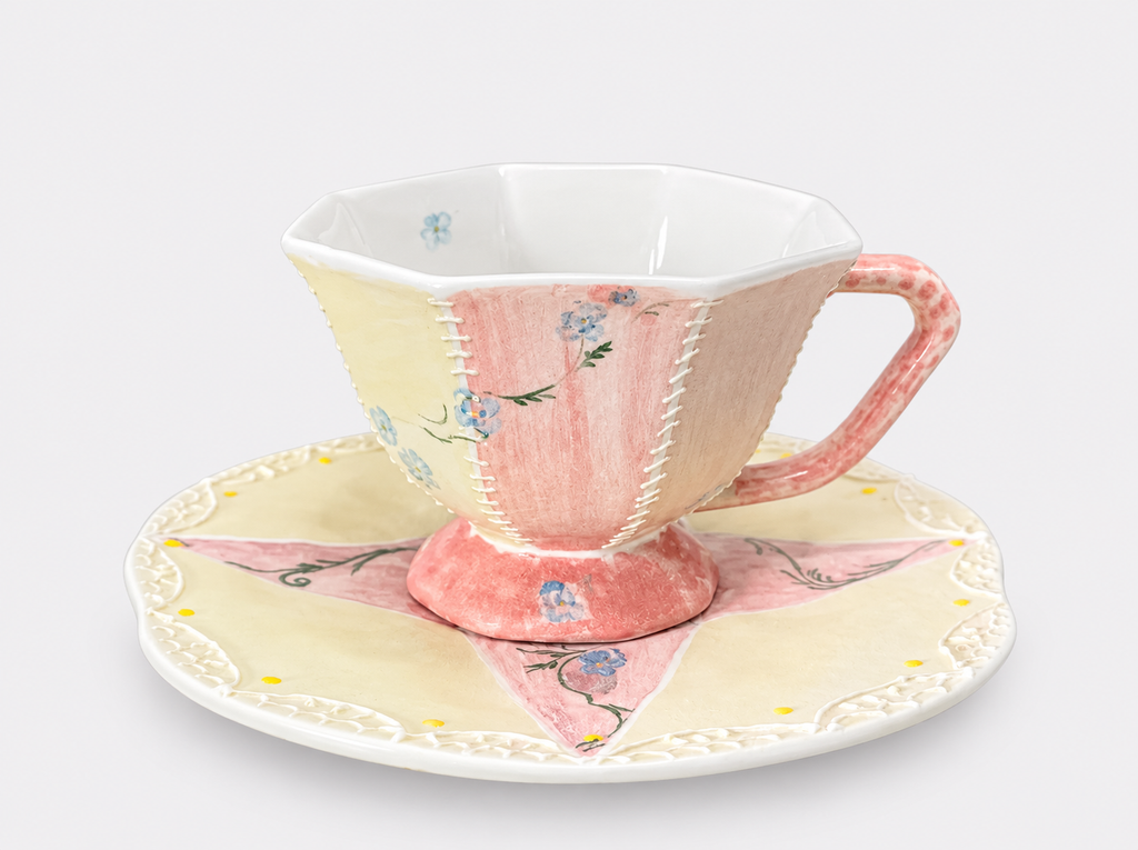Hand-Painted Mineral Art Floral Ceramic Cup & Saucer Set – Blush Garden