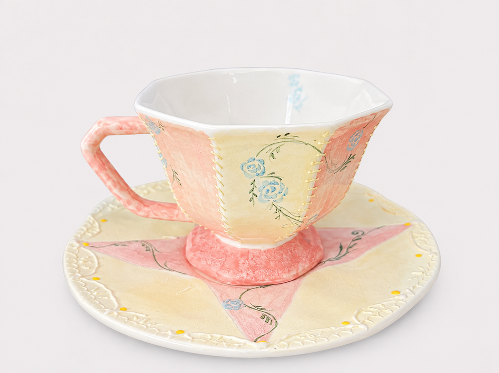 Hand-Painted Mineral Art Floral Ceramic Cup & Saucer Set – Blush Garden