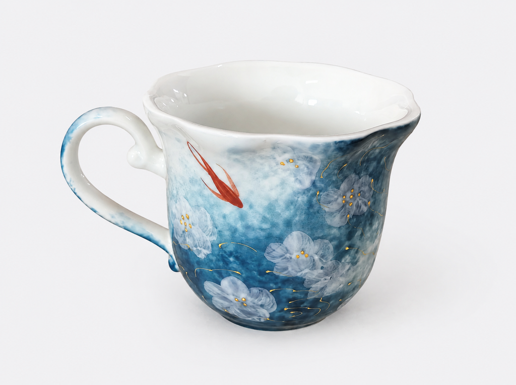 Hand-Painted Ceramic Mug with Koi Fish & Floral Design–250ml Blue Tea Coffee Cup