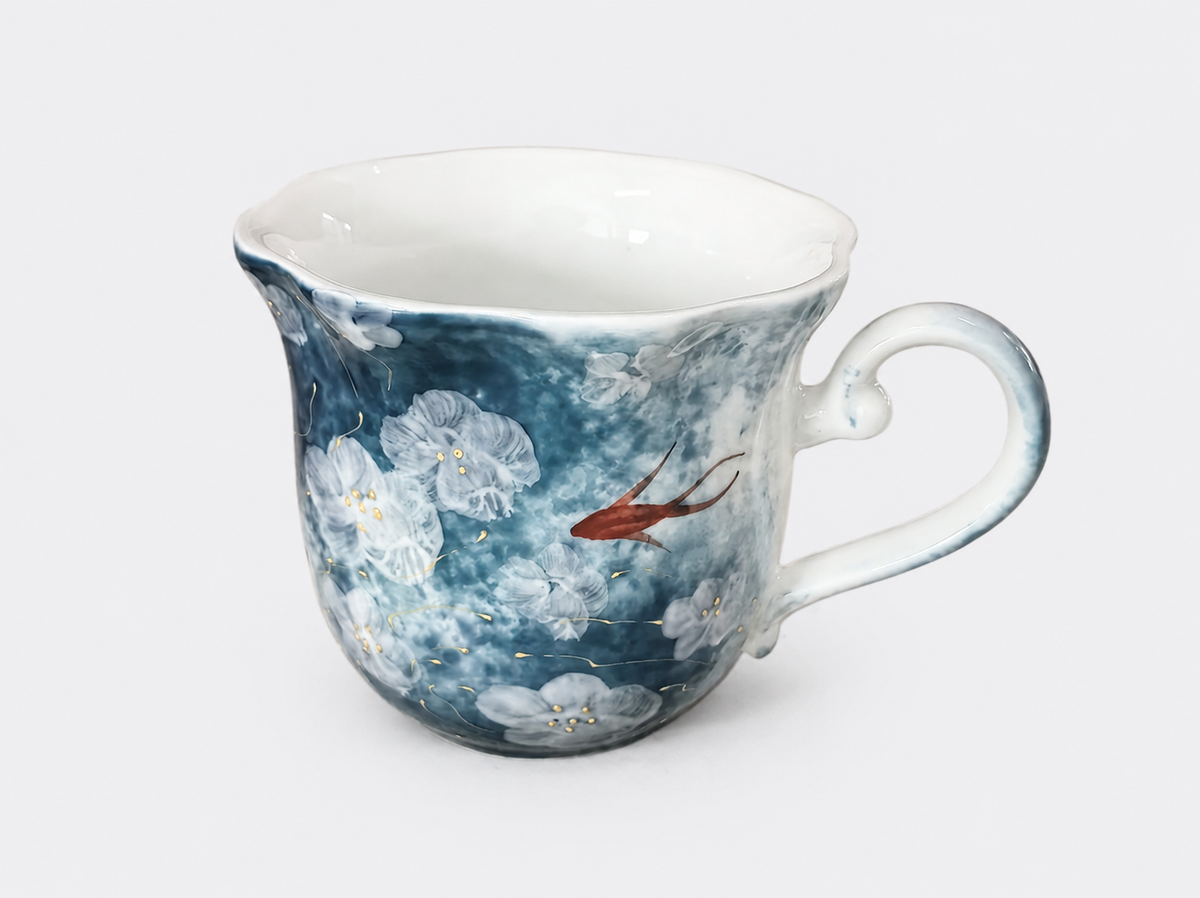 Hand-Painted Ceramic Mug with Koi Fish & Floral Design–250ml Blue Tea Coffee Cup