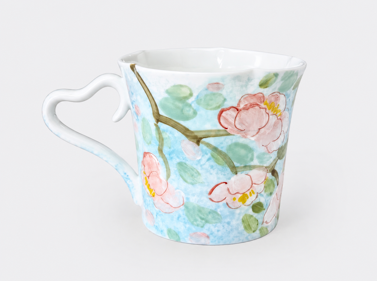 Hand-Painted Mint Green Floral Ceramic Mug – 280ml Tea & Coffee Cup with Heart-Shaped Handle