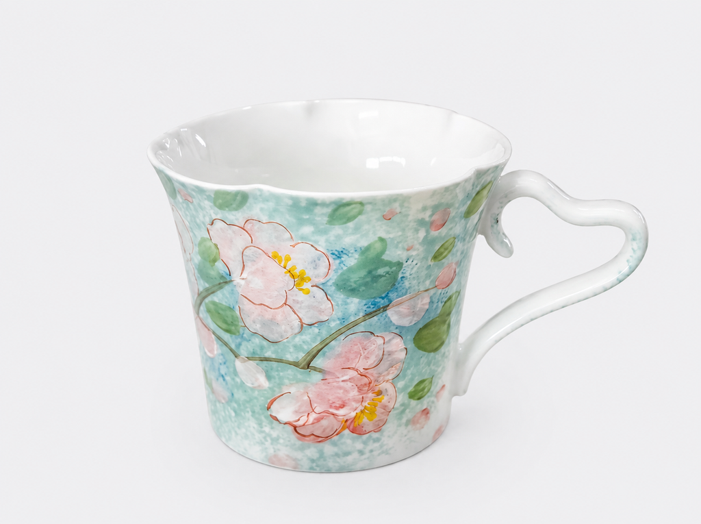 Hand-Painted Mint Green Floral Ceramic Mug – 280ml Tea & Coffee Cup with Heart-Shaped Handle