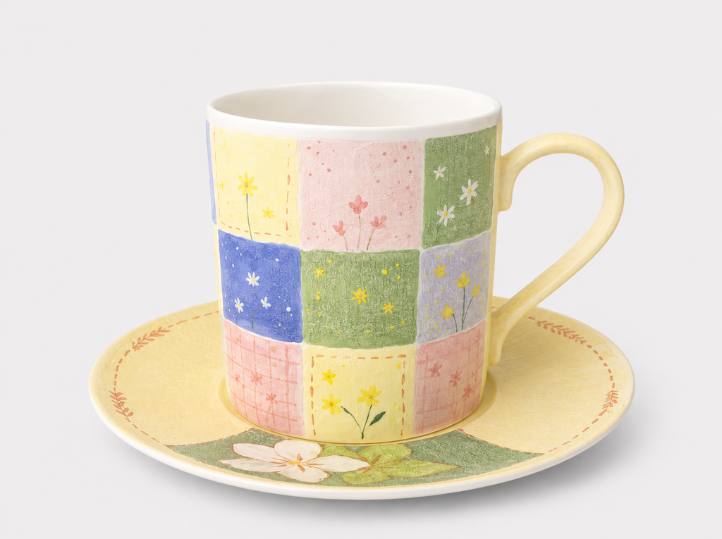 Meadow Patchwork Hand-Painted Mineral Art Ceramic Cup & Saucer Set – 280 ml