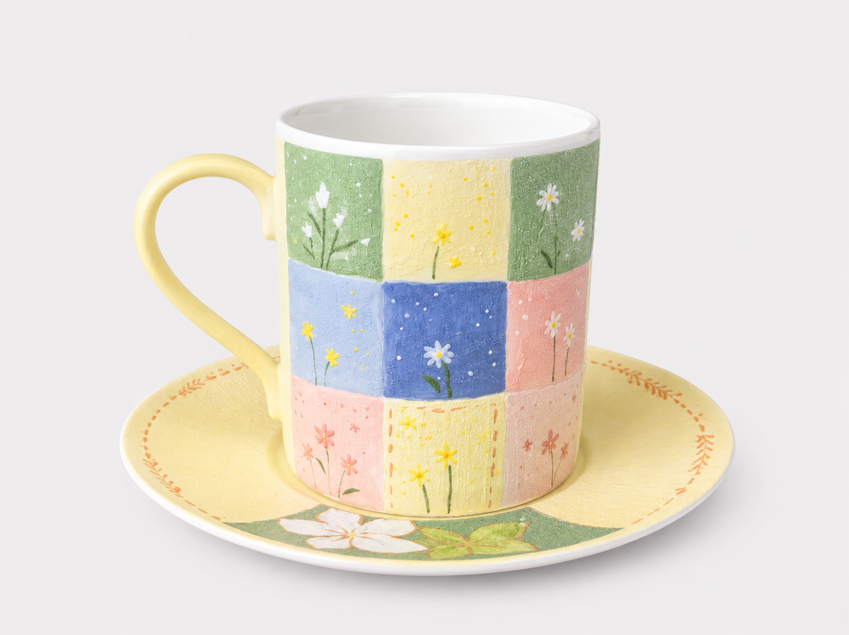 Meadow Patchwork Hand-Painted Mineral Art Ceramic Cup & Saucer Set – 280 ml