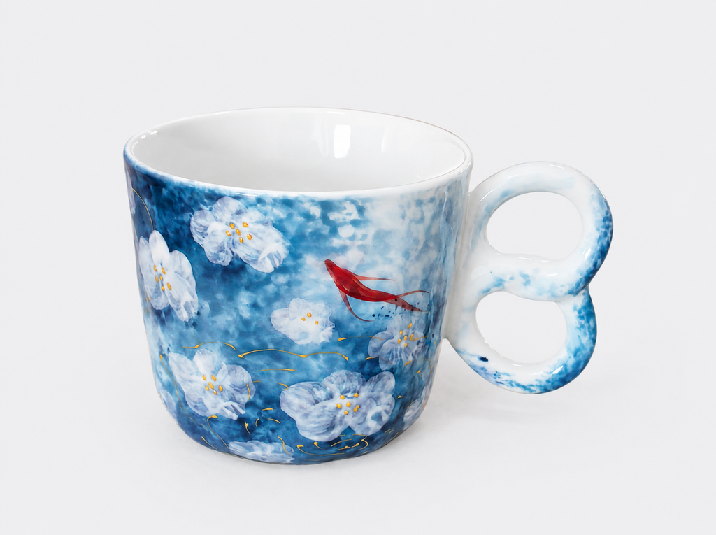 Hand-Painted Blue Koi Floral Ceramic Mug – 250ml Tea & Coffee Cup