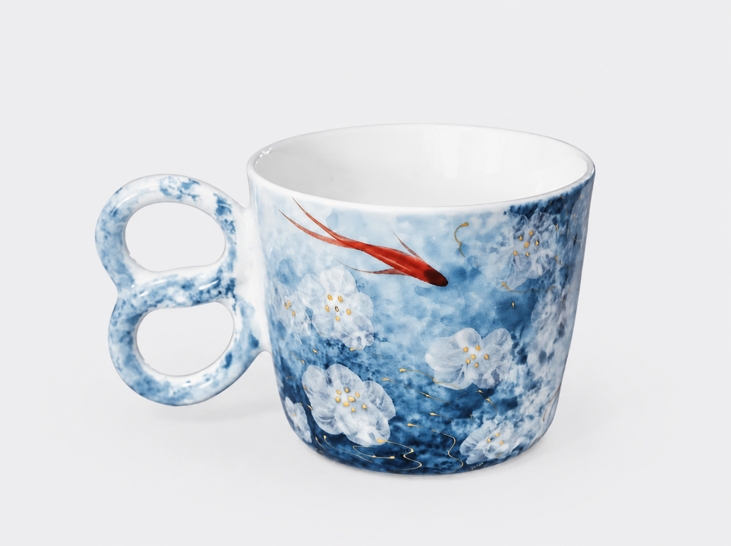 Hand-Painted Blue Koi Floral Ceramic Mug – 250ml Tea & Coffee Cup