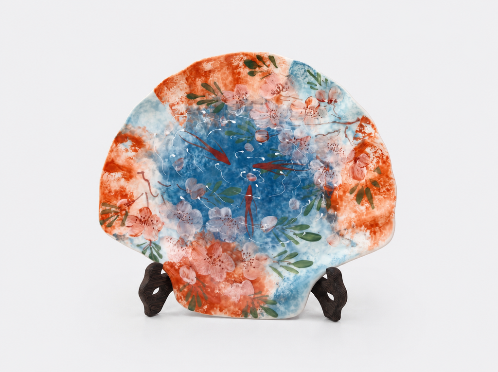Hand-Painted Blue & Orange Floral Ceramic Plate – Organic Shell Shape Serving Dish